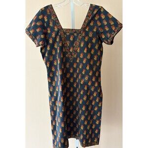 Hand Embroidered Indian Kurti Navy Beaded Tunic Dress Slit Sides Sz M Simple